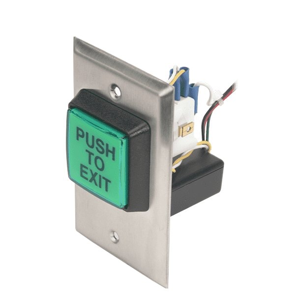 2" LED Illuminated Green 'PUSH TO EXIT' button with fixed 30 second timer, in-wall mounting